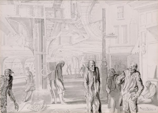 A city scene filled with thin people, loitering. Above the street are great metal supports for an above ground train on the left, buildings are on the right.