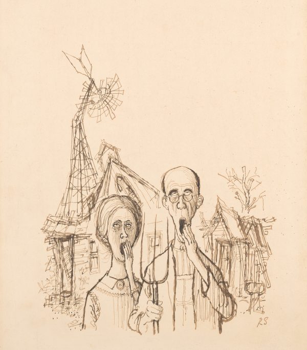 A woman and man stand in front of a delapidated house, yawning.