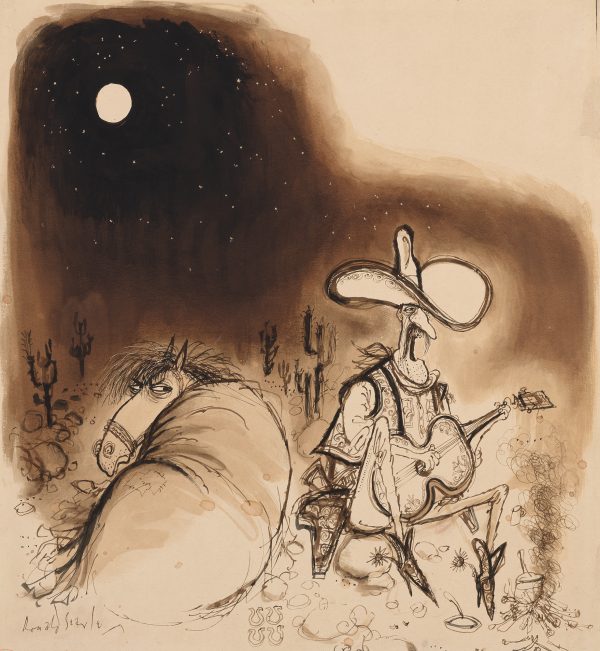 A cowboy with guitar is keeping his horse awake at night.