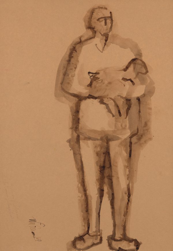 A shepherd stands holding a lamb.