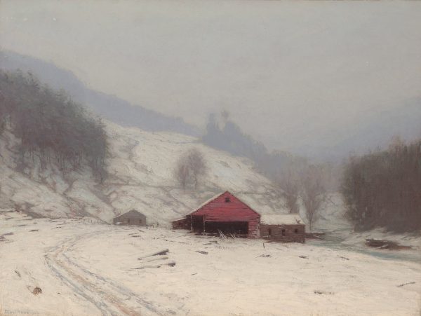 A snow scene with a red barn, trees and hills in the distance. Tracks in the snow lead tot he barns. A creek or river is on the right