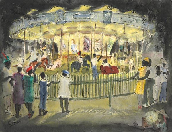 A yellow lit carousel is surrounded by children. It was painted in Christiansted, St Croix, Virgin Islands during a Christmas holiday.