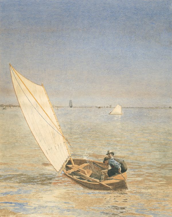 Two men in a sail boat are hunting rail.
