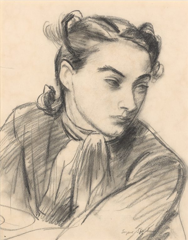 Portrait of a three-quarter view of a figure wearing a scarf.