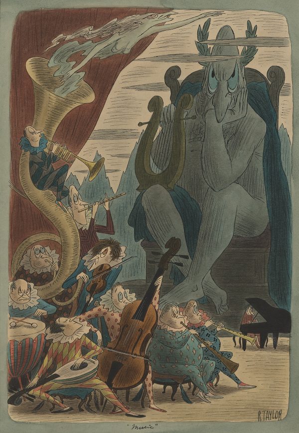 A huge fantastic figure sits listening to a group of musicians.