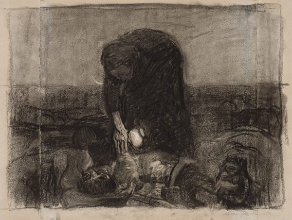 A woman with a lantern searches a battlefield for her dead son.