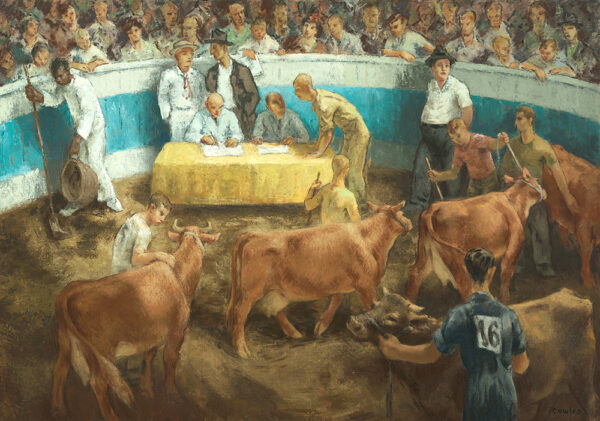 Cattle are paraded in a sales ring with buyers and sellers in the background.