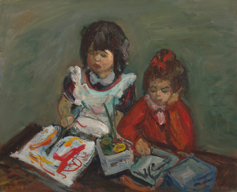 Two children sit painting at a table with an empty background.