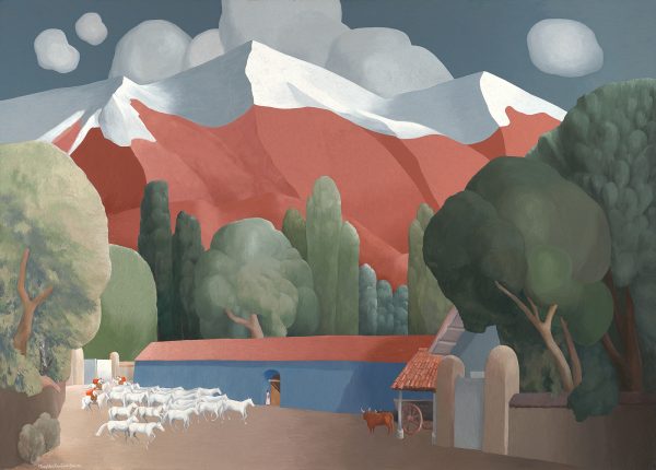 A landscape of imposing mountains, trees and a herd of animals moving toward shelter. The artist writes: The canvas represents one of hundreds of scenes. The blue wall is the outside of a farm house. Because of bandits and marauders in the past, all Spanish buildigns are constructed externally like fortresses.