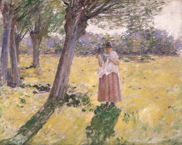A woman stands in a meadow with trees, sewing. The tree and woman cast a long shadow.
