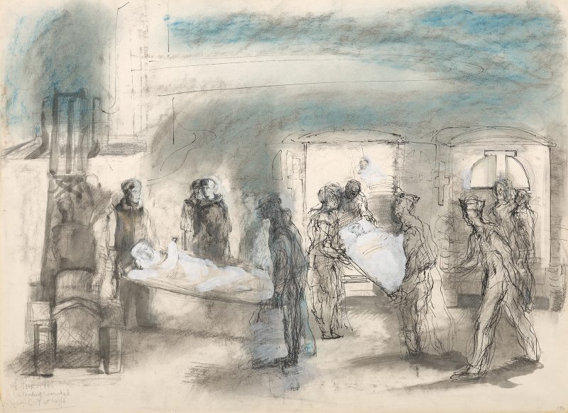 A scene at a military hospital unloading wounded soldiers.