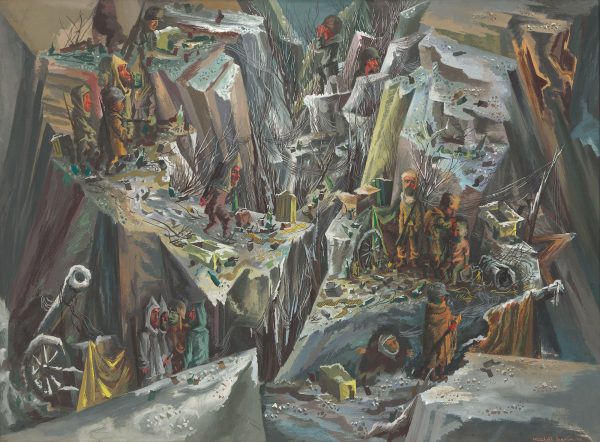 A rocky moutainside filled with figures.