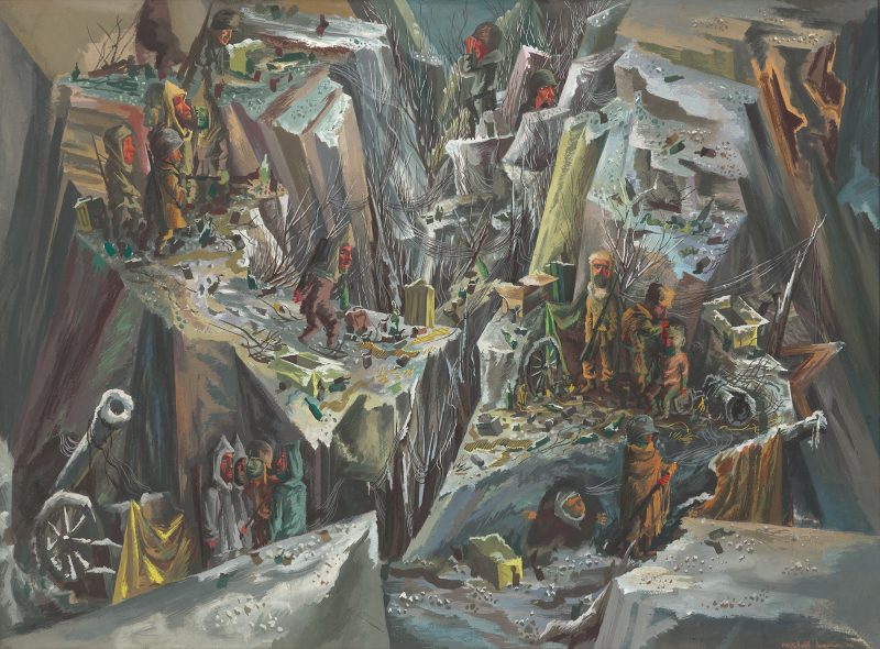 A rocky moutainside filled with figures.