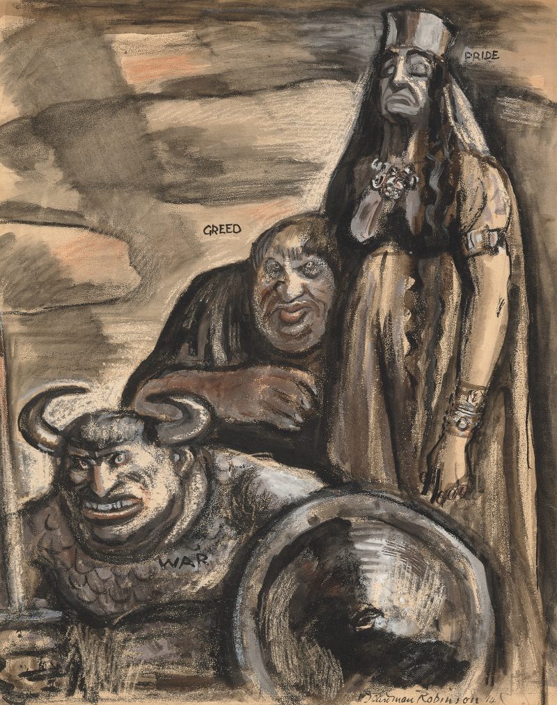 Three figures, the man at the lower left wears a hat of horns and carries a sword and shield.