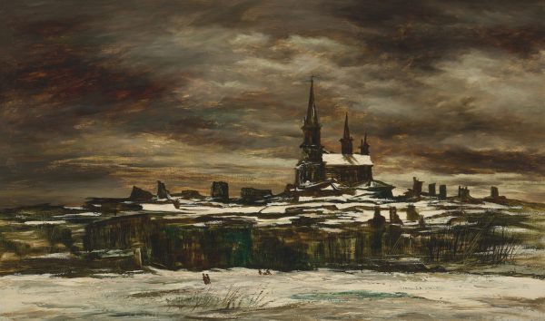 A cathedral is seen in the distance with a snowy foreground and stormy sky.