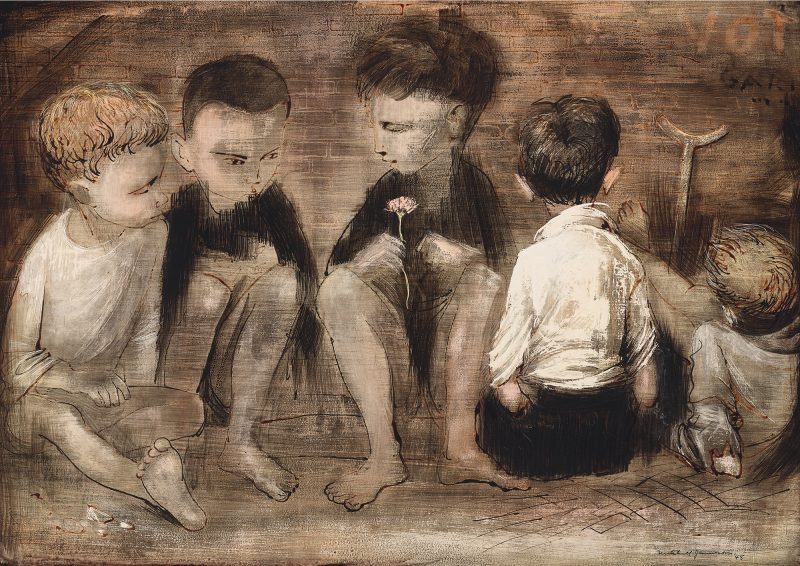 Five boys are seated in a row. Two of the boys on the right have their back to the viewer.