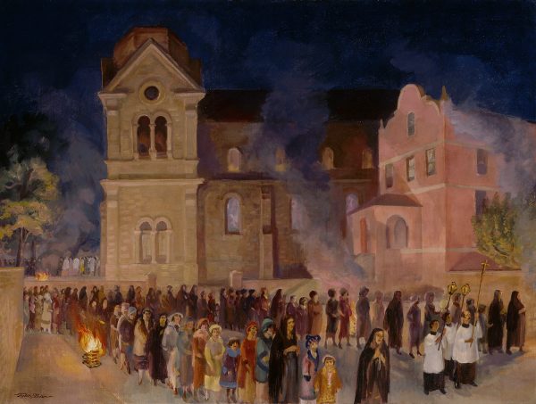 A night-time scene of a crowd in front of a cathedral.