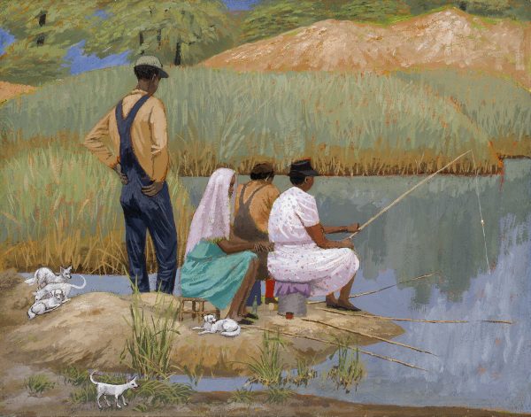 A family fishing in a small pond are accompanied by a group of puppies.