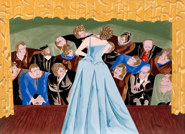 A singer in a blue gown is seen from the back. The audience is attentively listening to the concert.
This painting was one of 11 paintings Jacob Lawrence completed while in residence in a psychiatric hospital.