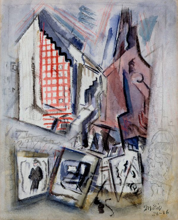 An abstracted view of buildings and street scenes.