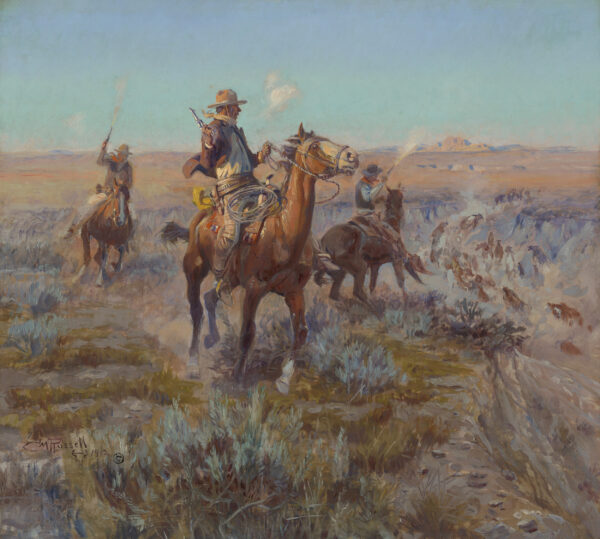 Painting of three men on horseback holding guns and riding through the open plains