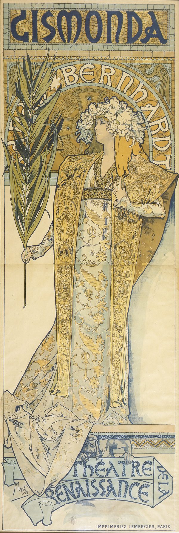 Illustration of a woman holding palm leaves with text Bernardt Theatre Renaissance