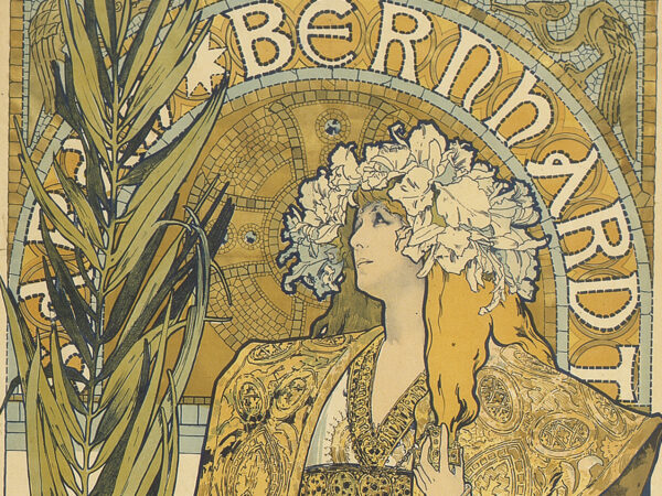 Litograph of Sarah Berndardt as Gismonda, wearing a white flowered headdress and carrying a palm frond.