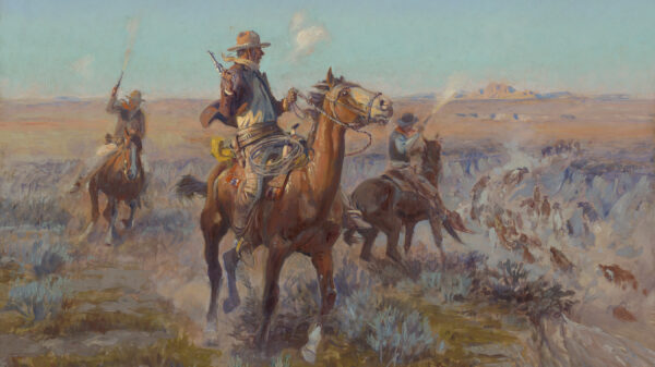 Painting of two men on horseback holding guns and riding through the open plains