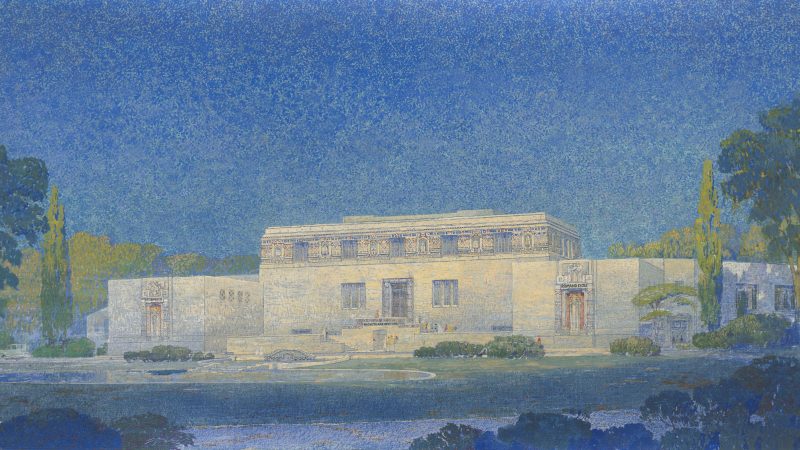 Oil painting image of the Wichita Art Museum building as it was going to be built