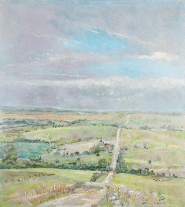 Landscape painting with a road going through the middle of vast fields and a big blue sky with clouds above it