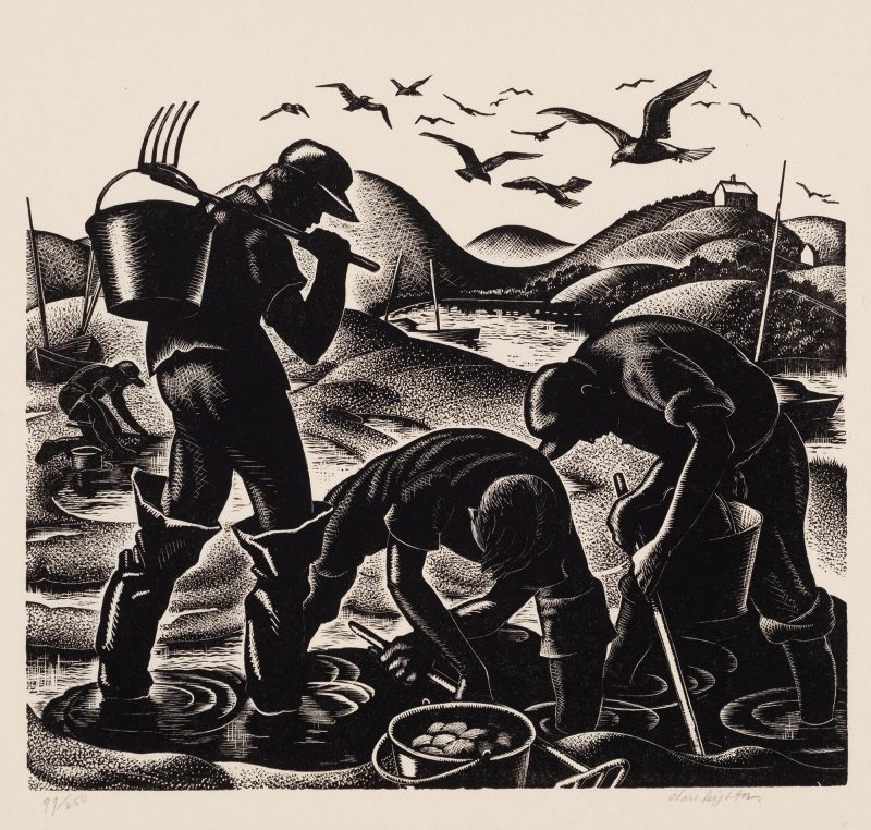 Four men work digging clams. They use buckets, clam rakes and there is a scene of hills, boat in water and small house in the distance, sea gulls are overhead.