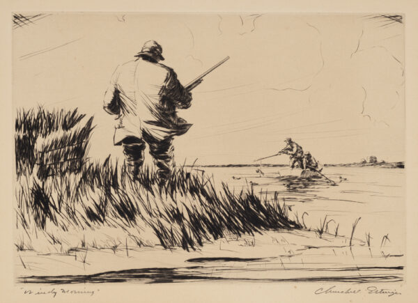A hunter holds a gun looking toward the two meen in a boat. One uses an oar to lift a decoy from the water.