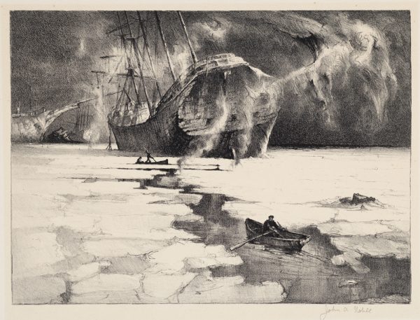 A ship is in a frozen sea. Three men in two rowboats follow the narrow open water. Mist partially hide the scene.