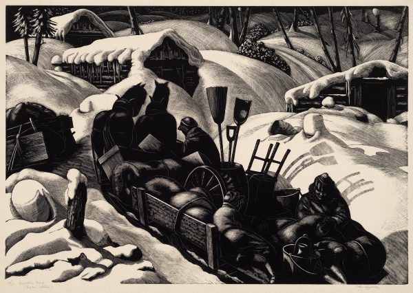 Three figures on an extended wagon pulled by two horses lead to buildings covered with snow.