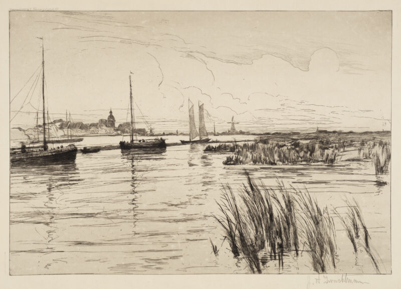 A view of the skyline of the Dutch port of Dordrecht. Rushes are in the foreground at right, sailboats at left and in the distance is the distinctive dome of the Groothoofsdspoort, a 15-Century town gate with a tower.