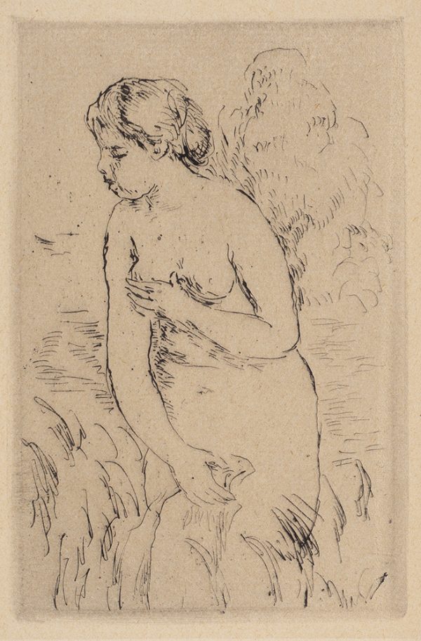 A nude female is bathing in a pond or river. She covers herself with a towel in her right hand and there are trees in the background.