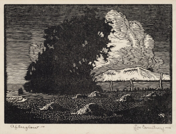 A night scene of a large tree in shadow, and mounds of hay in the field in front. Behind a fence is a low mountain and large bank of clouds.