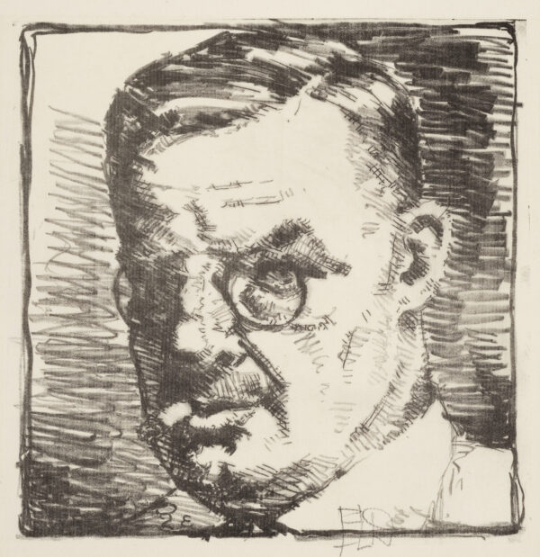 A man stares at the viewer with a cigarette in his mouth. He wears round glasses.