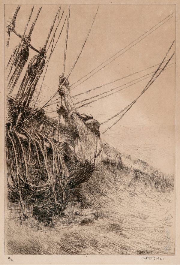 Two men hang by ropes on the deck of a ship. The deck is swamped with water. One man is barefoot.