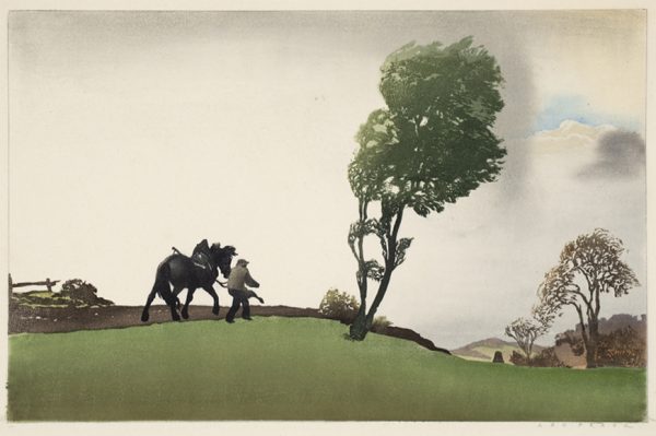 A man walks beside a saddled horse. The wind is blowing his clothes and the trees at the right. A dark cloud is in the sky at the right.