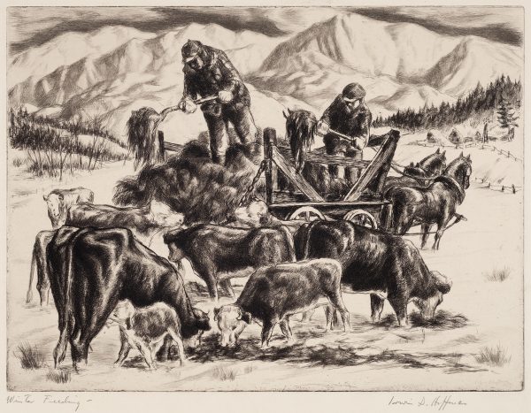 Two figures in coats stand in the back of a horse drawn wagon, shoveling feed to cattle.