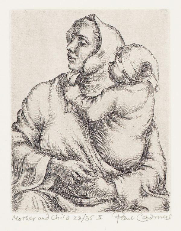 A woman holds a young child in her arms. She is looking to her right. The child wears a had with a small tassel, the woman wears a cloak.
