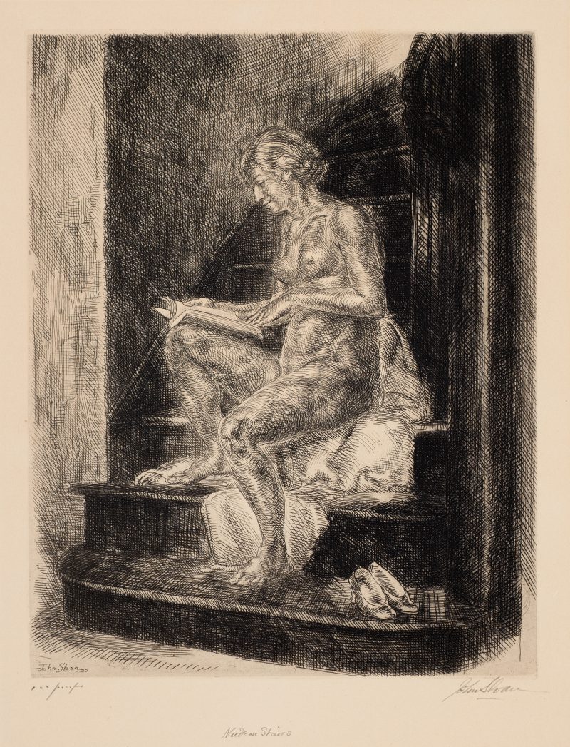 A nude sits on a blanket/her clothes thrown near the bottom of a flight of stairs. She is reading a book and her shoes are on the bottom step to her right.