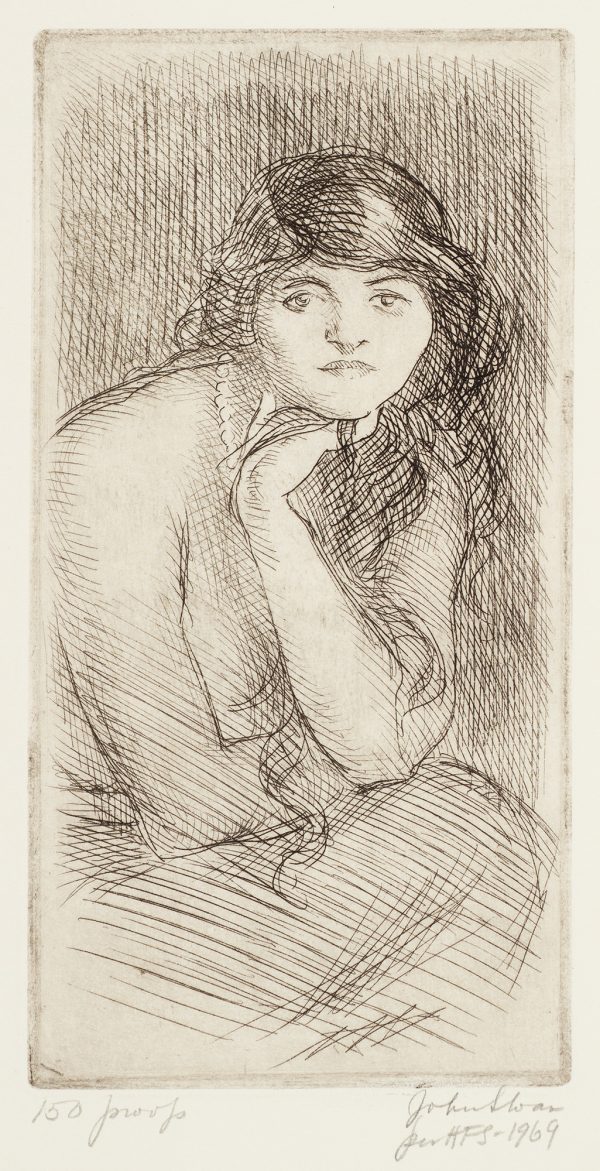 The model Miss La Rue sits with her chin in her hand. Printed by Elizabeth M. Harris, Smithsonian for Morse catalogue raisonnй.