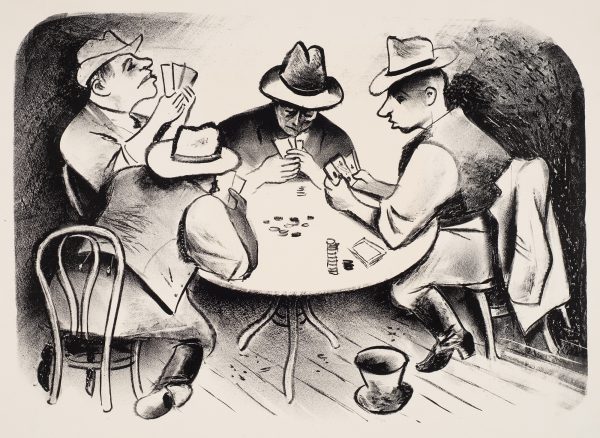 Four men playing poker. They all wear hats and are studying their cards. The two men in front wear vests and boots.