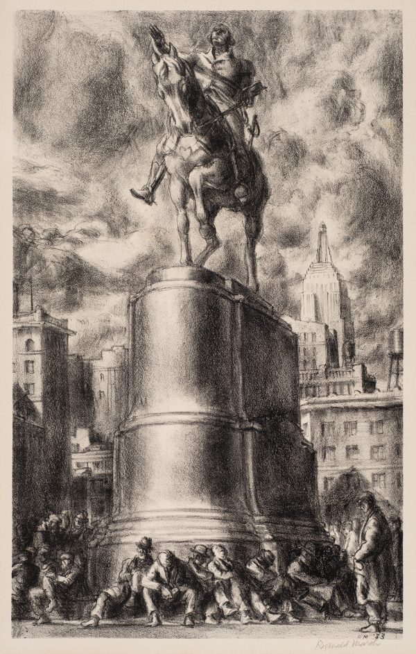 A sculpture of a man on a horse is seen from below. The tall pedestal has many men seated directly on the street below. They appear dejected with their heads bowed.