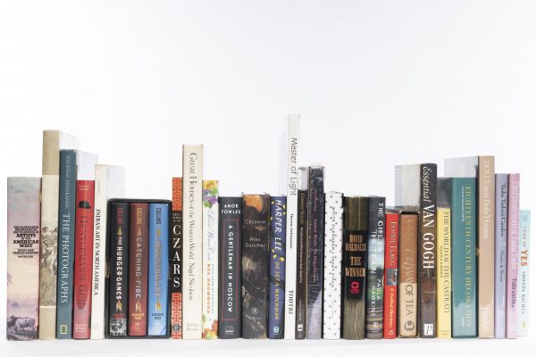 A dozen books lined up together on a shelf