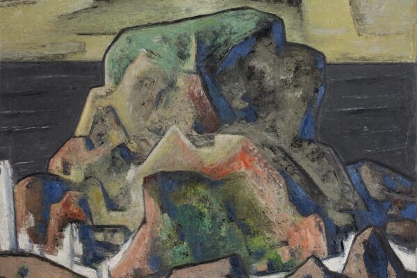 Abstract painting in colors of orange, green, blue, white, black, grey to look like rock formations