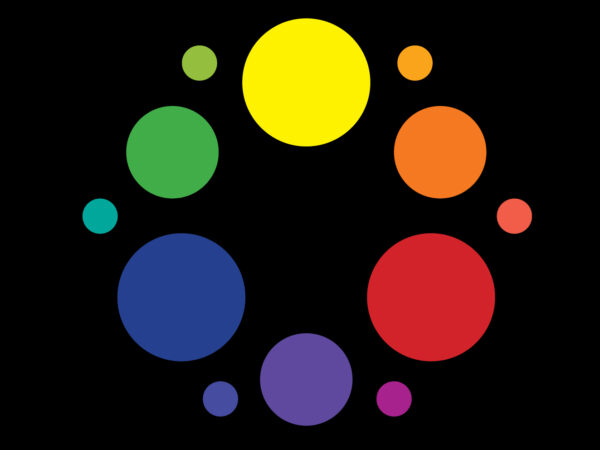 Illustration of 12 circles of different colors together in one large circle