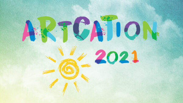 The word Artcation 2021 in a multi-color sans serif font with a yellow line drawing of the sun on a blue and white background suggesting a cloudy sky